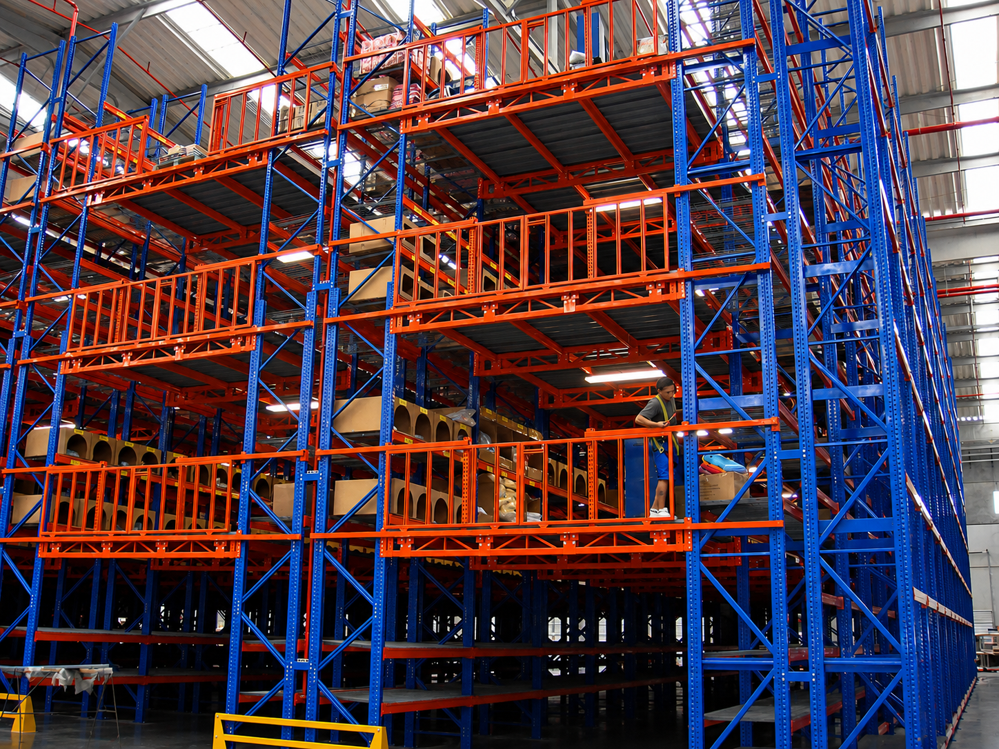 Mezzanine industrial metalico instalado en almacen duplicando la superficie de almacenaje