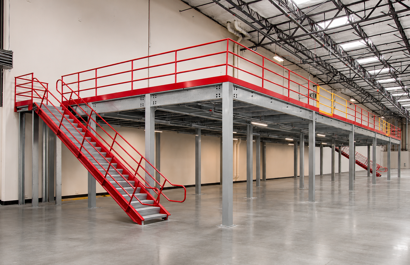 Mezzanine industrial metalico de dos niveles con racks y zona de picking en almacen de distribucion