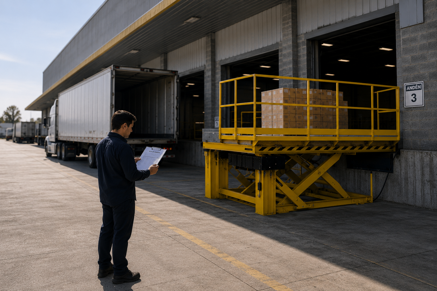 Operador logistico verificando una nota de remision contra el pedido en un almacen industrial
