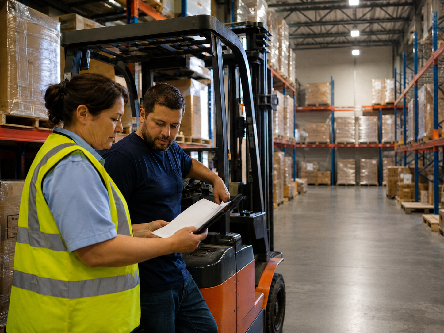 Documentos de nota de remision y factura sobre mesa de trabajo en centro de distribucion logistico