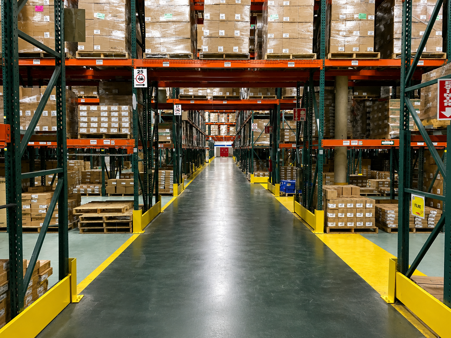 Sistemas de racks industriales en un centro de distribucion de alto volumen con montacargas en operacion