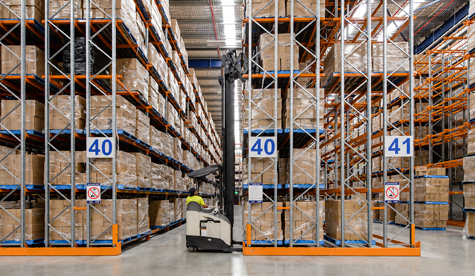 Sistemas de racks selectivos en almacen industrial con pasillos amplios para montacargas