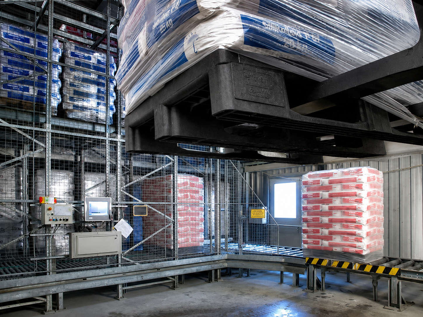 Tarimas industriales apiladas en almacen de centro de distribucion con montacargas al fondo